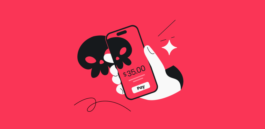 A hand holding a phone showing a 35 dollar payment request, with a black skull in a red background.