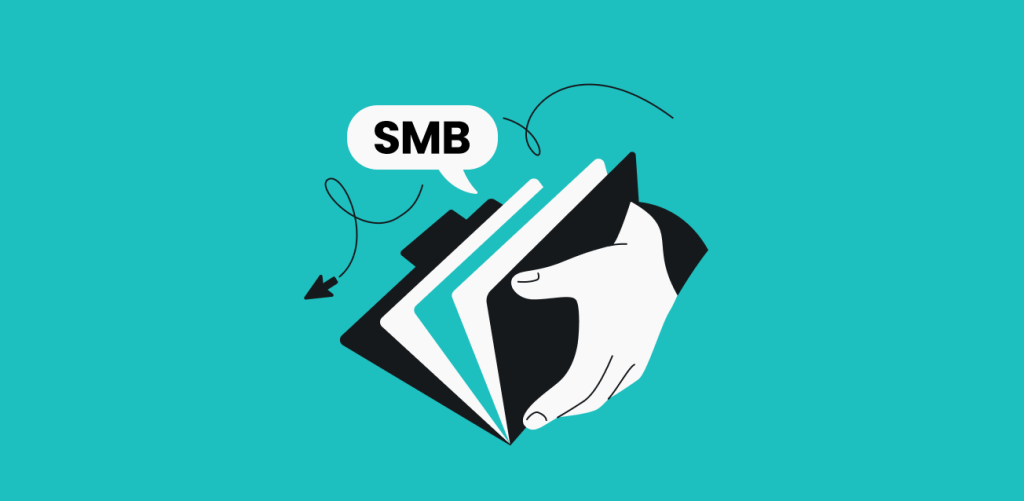 A hand holding an open file folder with a speech bubble labeled SMB above it, all set against a teal background.