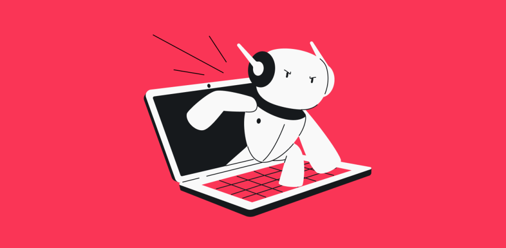 A cartoon robot with antennas emerging from a laptop screen and stepping onto the keyboard against a red background.