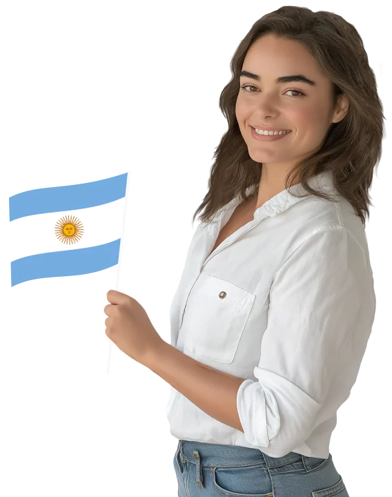 Una mujer sonriente con una camisa blanca sosteniendo una pequeña bandera argentina de pie contra un fondo color turquesa y negro.