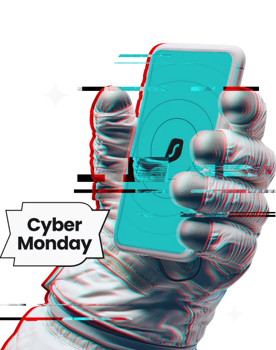 ine Hand in einem Astronautenanzug hält ein Smartphone, das das Surfshark-Logo zeigt, neben einem weißen Abzeichen mit dem Text Cyber Monday.