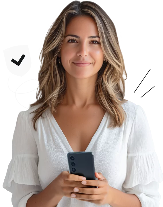 A woman in a white blouse holding a smartphone with a white checkmarked shield over her right shoulder.