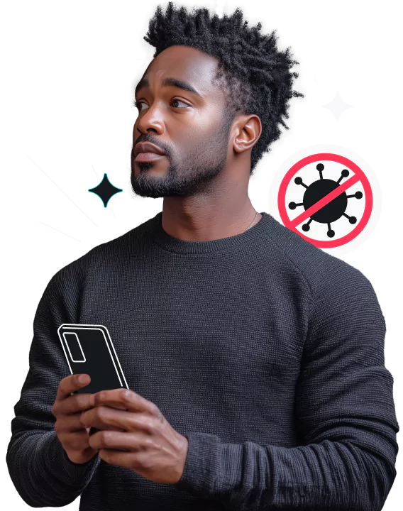 Um homem de suéter preto segurando um smartphone olhando para a direita, com um ícone de vírus riscado sobre o ombro esquerdo.