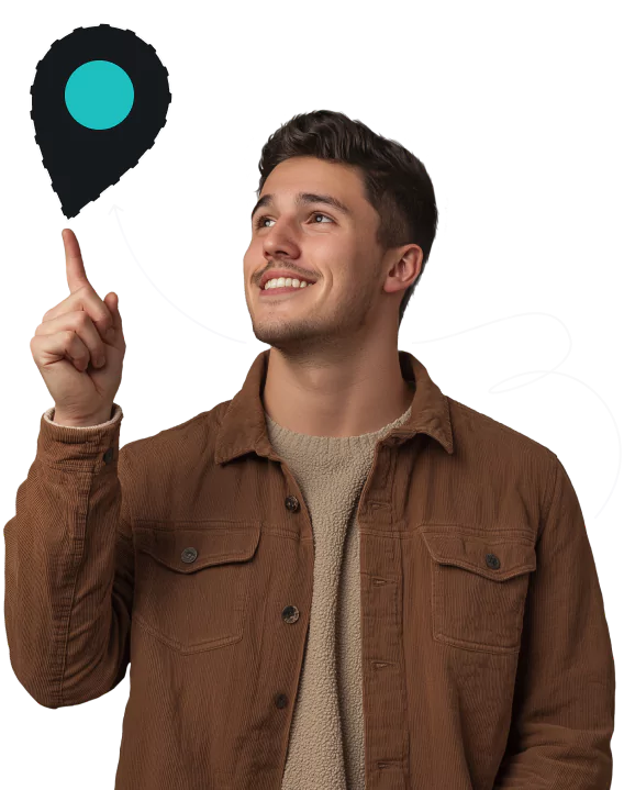 A smiling man pointing up toward a location pin icon.