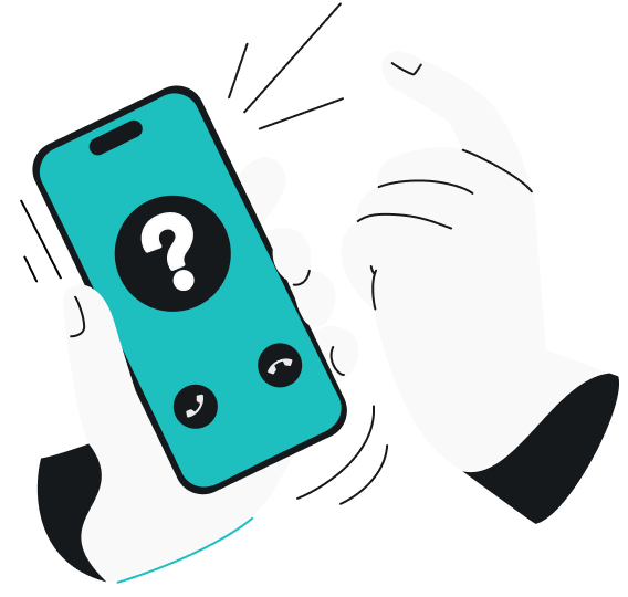 Two hands interacting with a smartphone showing an incoming call with a question mark icon and options to accept or decline.