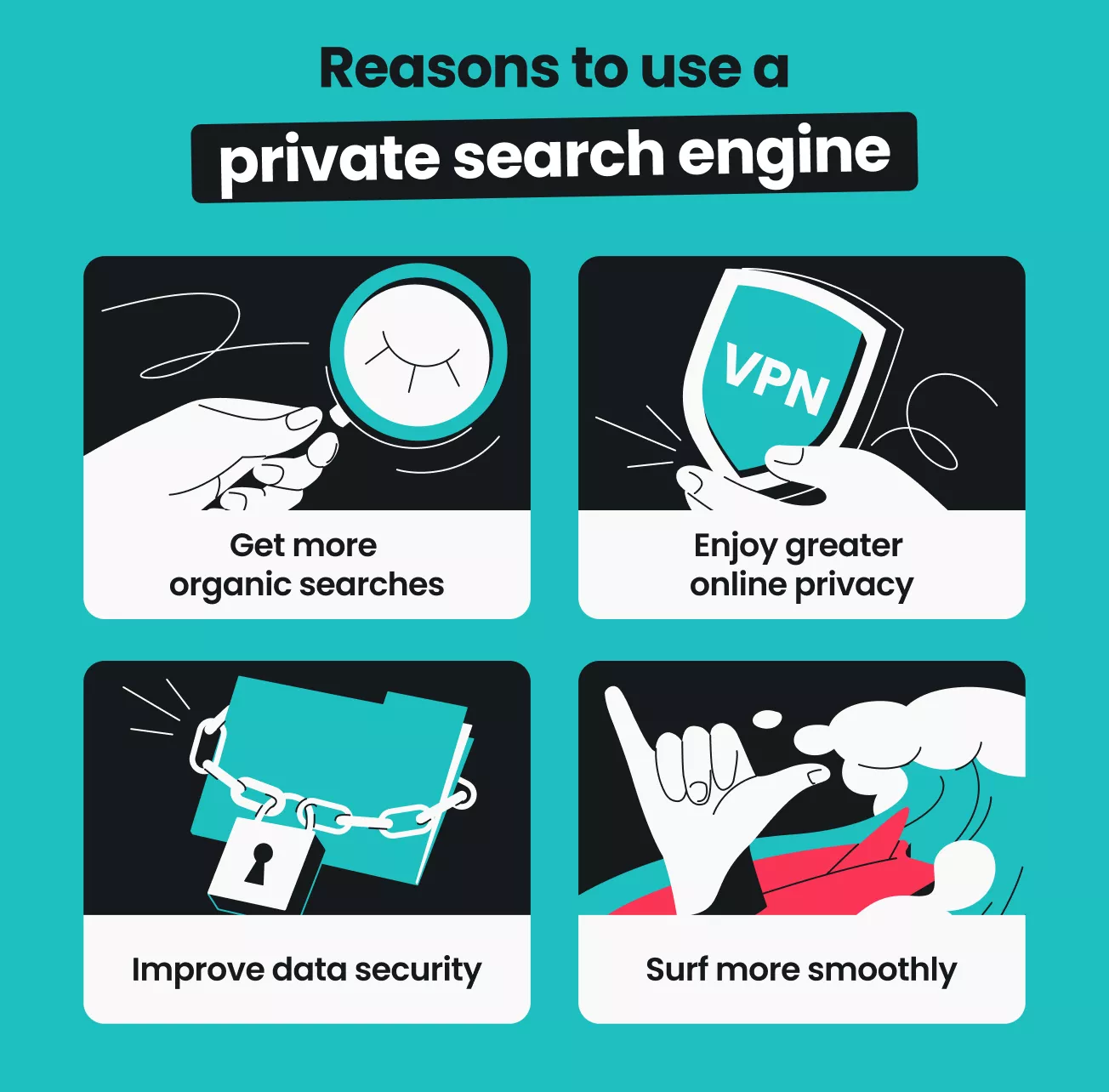 Reasons to use a private search engine: organic searches, privacy, data security, smoother surfing