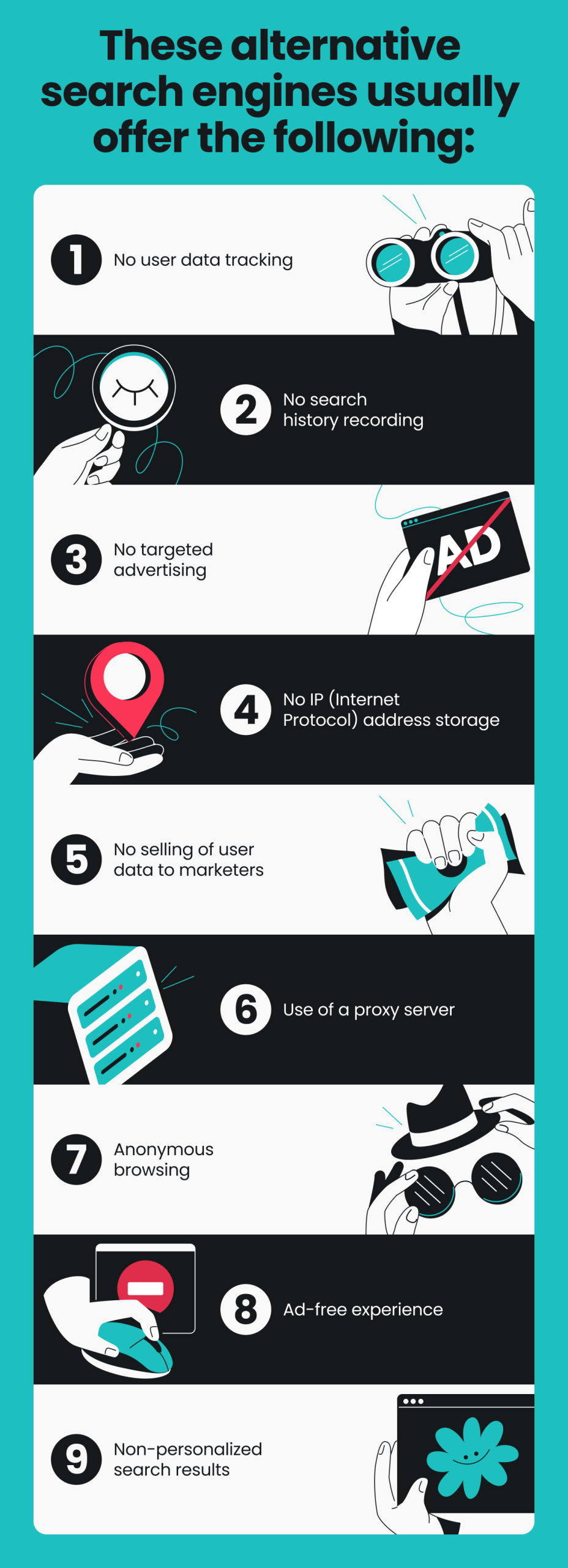 An infographic explaining that alternative search engines usually offer no tracking, no targeted ads, and anonymous browsing.