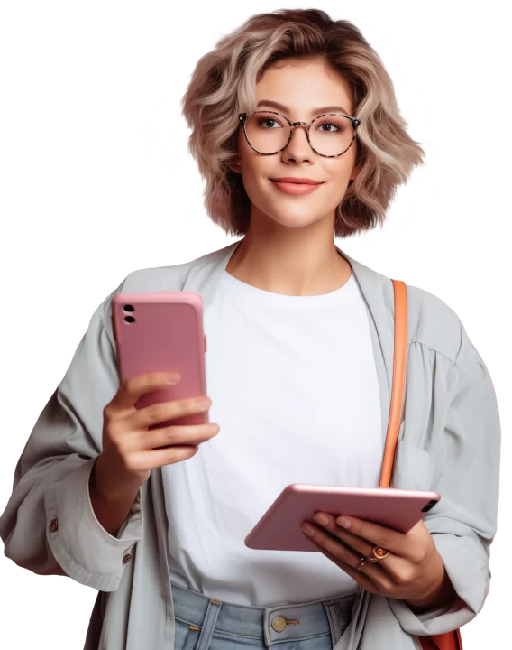 Una mujer rubia con pelo ondulado y gafas sonríe mientras sostiene un teléfono móvil rosa y una tableta.