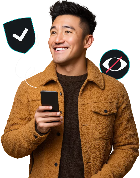 A smiling man in his 30s wearing a brown jacket and holding a phone, with privacy and security icons beside him.