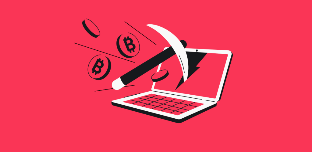 A pickaxe striking a laptop screen with Bitcoin coins flying out and impact lines symbolizing movement.