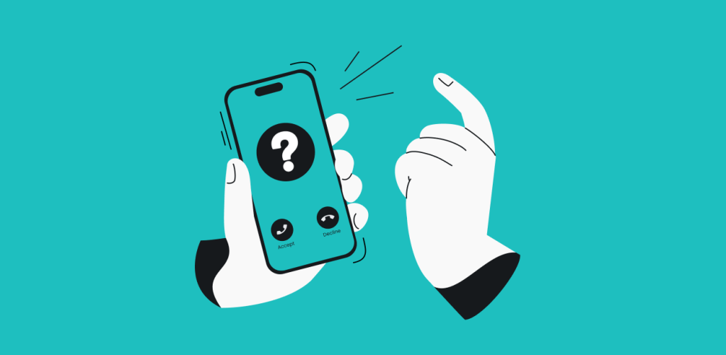 Two hands interacting with a smartphone showing an incoming call with a question mark icon and options to accept or decline.