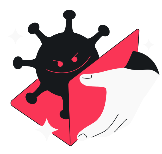 Um vírus preto ilustrado com uma cara maligna emergindo de um laptop vermelho enquanto uma mão branca segura a tela, cercado por estrelas decorativas.