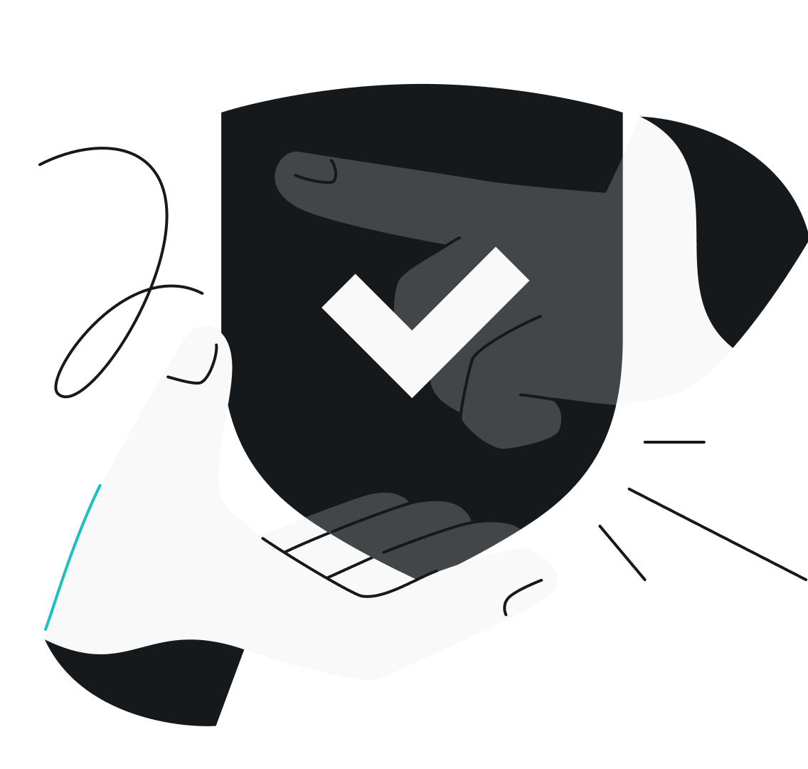 Two hands partially obscured by a translucent checkmarked shield next to motion lines on a teal background.