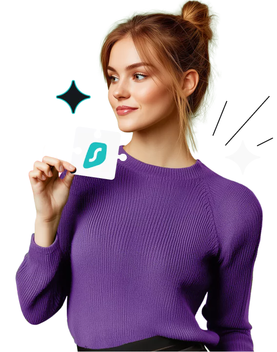 A woman in a purple sweater holding a puzzle piece with the Surfshark logo.