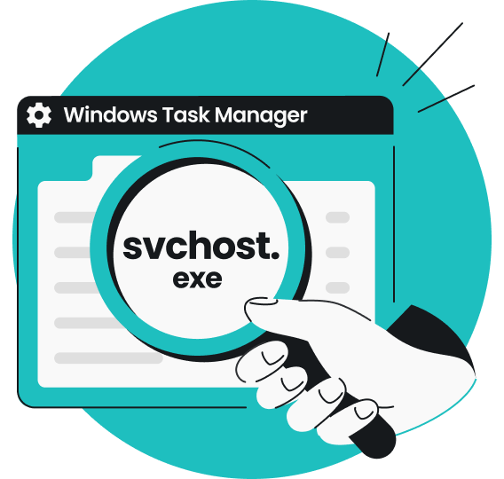 Hand holding a magnifying glass over a Windows Task Manager window showing the text svchost.exe.