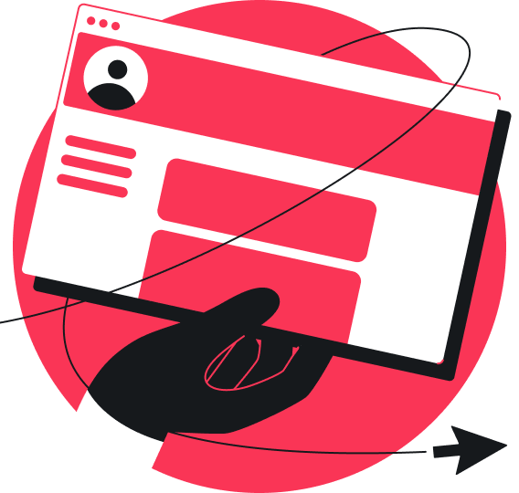 黒い手袋をはめた手が、プロフィールカードのあるブラウザウィンドウを持ち、それを囲むループ状の線と右向きの矢印が描かれている。