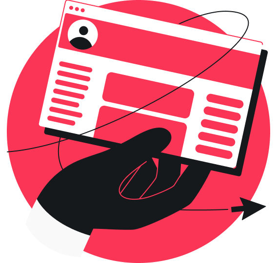 黒い手袋をはめた手が、プロフィールカードのあるブラウザウィンドウを持ち、それを囲むループ状の線と右向きの矢印が描かれている。