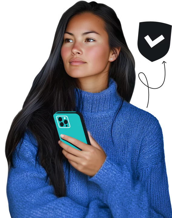 A woman in a blue sweater holding a smartphone with a checkmarked shield next to her.
