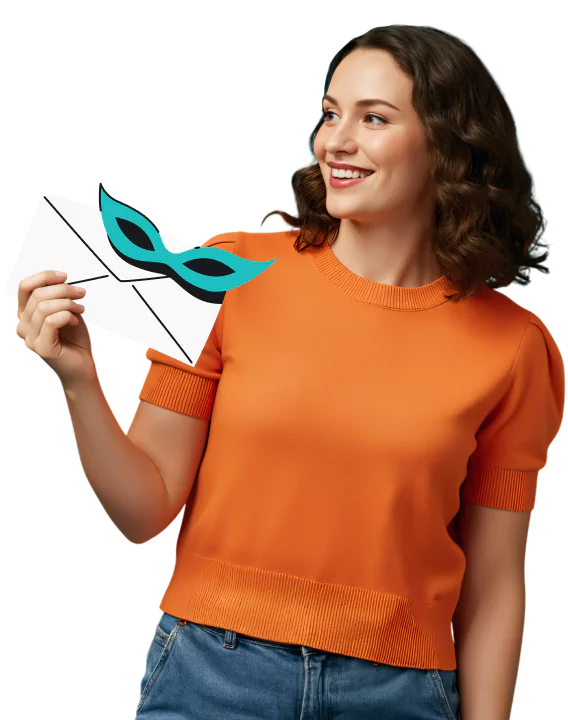 A smiling woman in an orange sweater holding an envelope with a teal masquerade mask.