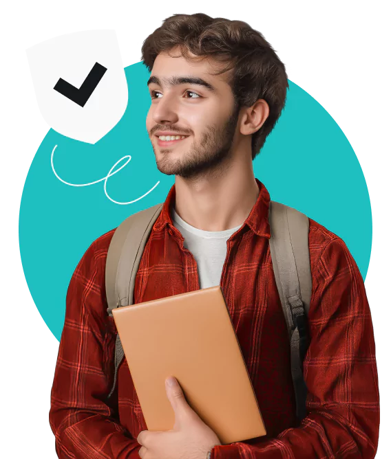 A smiling young man in a red plaid shirt holding a notebook, a checkmarked shield in the background.