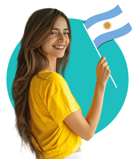 A smiling woman in a yellow T shirt holding an Argentinian flag.