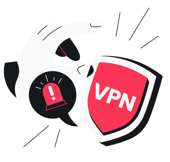 A hand touching a red shield with VPN written on it and a red sign with an exclamation mark in front of it.