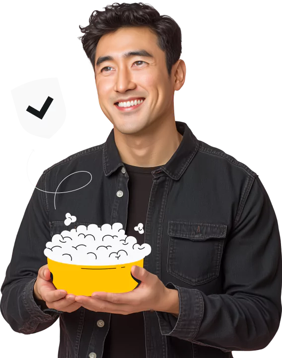 A smiling man in a denim jacket holding a stylized bowl of popcorn, with a squiggly arrow pointing to a checkmarked shield.