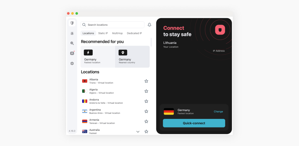 A macOS screenshot showing the VPN locations list on the Surfshark app.