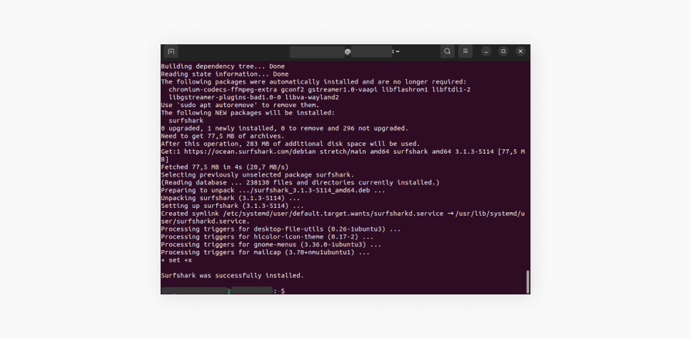 A screenshot showing the Surfshark app installation process on the Linux terminal.