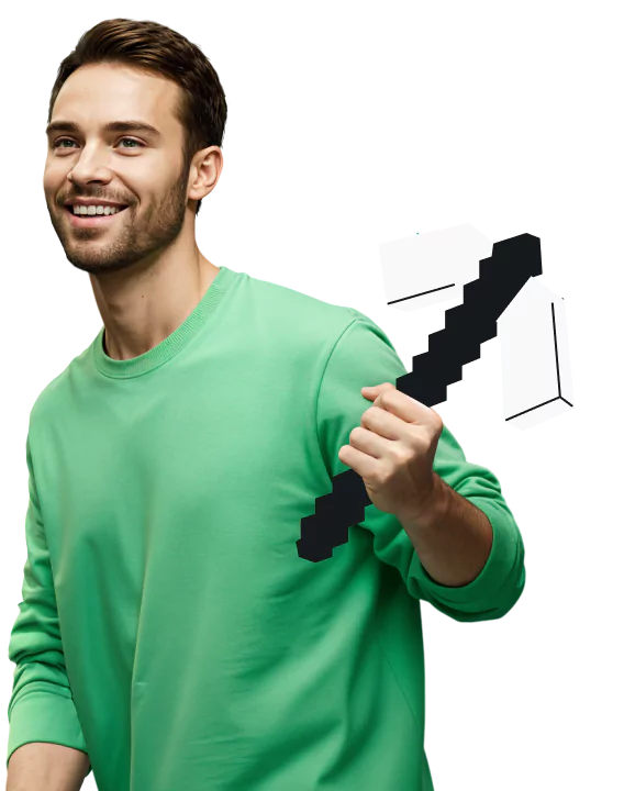 A smiling young man in a green sweatshirt holding a pickaxe drawn in the pixelated art style of Minecraft.