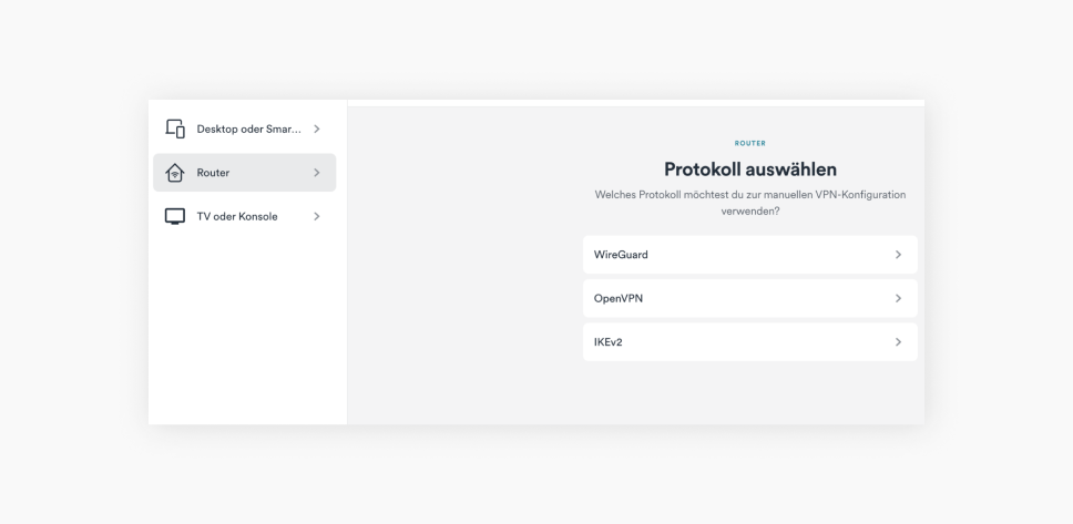 Ein Screenshot der Router-Einstellungen mit den Protokolloptionen WireGuard, OpenVPN und IKEv2.