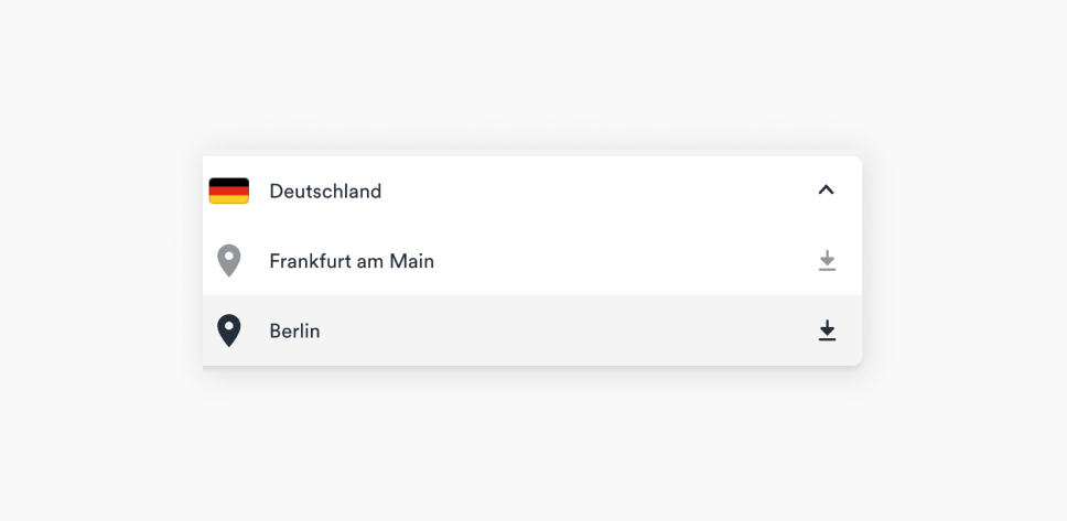 Ein Screenshot des Auswahl-Dropdowns für deutsche Standorte, einschließlich Frankfurt am Main und Berlin.