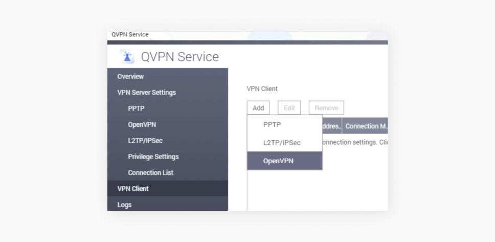 Ein Screenshot der QVPN-Service-Seite mit dem geöffneten VPN-Client-Tab und ausgewähltem OpenVPN.