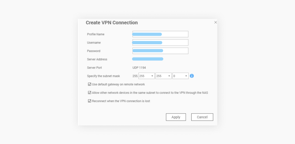 Ein Screenshot des Fensters „VPN-Verbindung erstellen“ mit Feldern für Profilname, Benutzername, Passwort und Serveradresse.