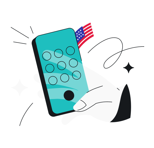 A hand holding a translucent smartphone with a keypad on its screen next to an American flag and between two stars.