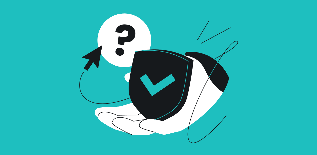Una mano sosteniendo un escudo con una marca de verificación, con un ícono de signo de interrogación y un cursor sobre un fondo verde azulado.