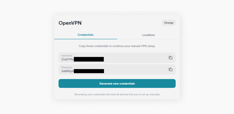 Capture d'écran de la page des identifiants OpenVPN des applications web Surfshark.

