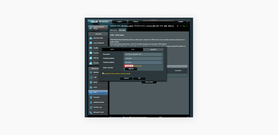 Capture d'écran d'une fenêtre OpenVPN dans le panneau de contrôle d'un routeur Asus avec l'option Choisir un fichier surlignée en rouge.

