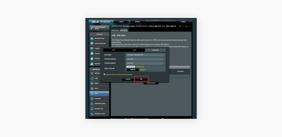 Capture d'écran d'une fenêtre OpenVPN dans le panneau de contrôle d'un routeur Asus avec le bouton OK surligné en rouge.

