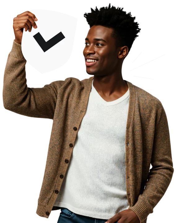 A smiling man in a brown cardigan and white tshirt holding a checkmarked shield, with impact lines emphasizing his gesture.