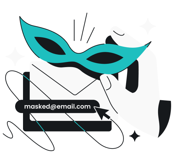 A hand holding a mask hovering over an email icon labeled masked@email.com, surrounded by decorative sparkles and lines.