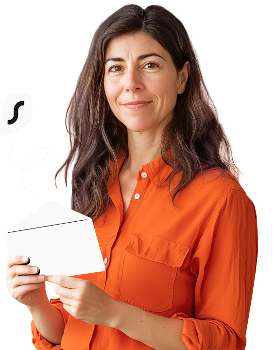 A woman with long dark hair wearing an orange shirt, holding an open white envelope, and standing next to the Surfshark logo.
