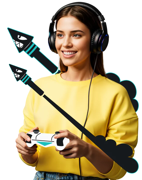 A smiling young woman in headphones and a yellow sweatshirt holding a gaming controller overlaid by stylized missiles.