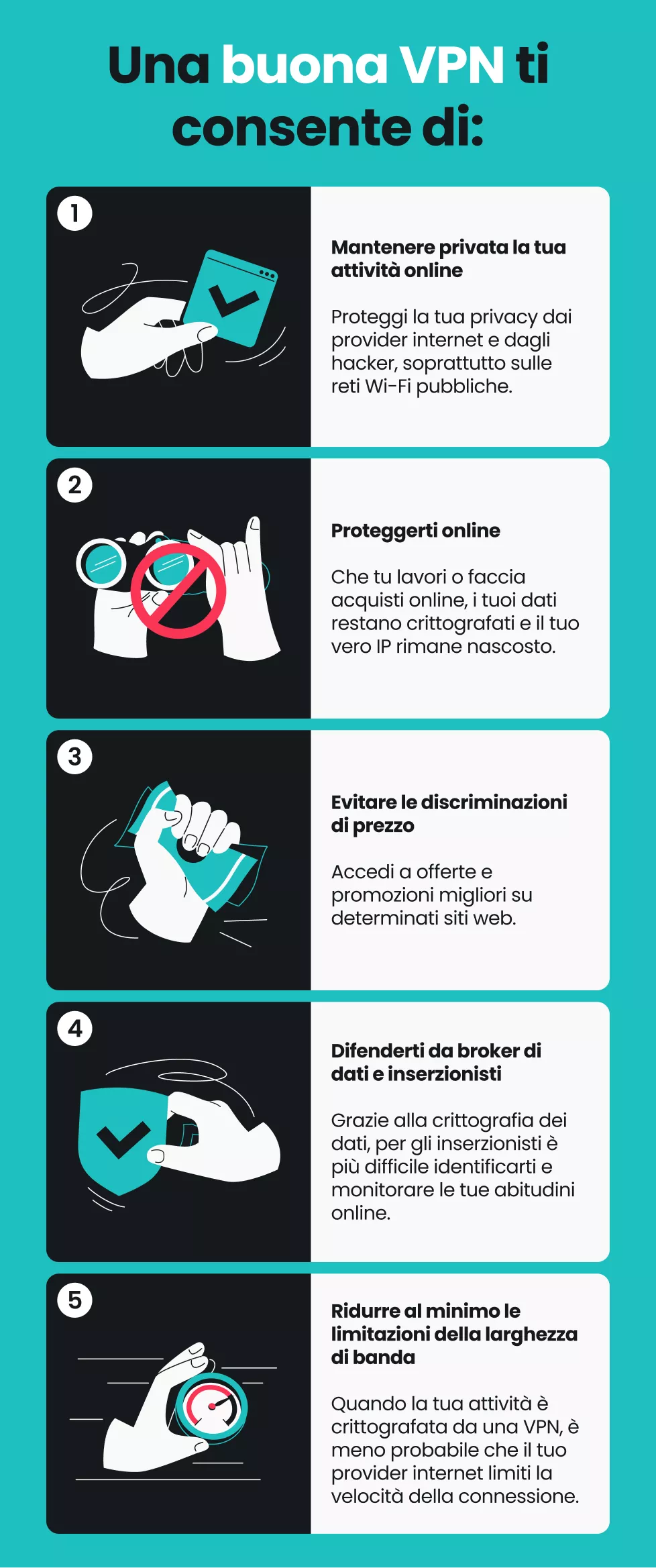 Tre vantaggi delle VPN: maggiore privacy online, più protezione e un accesso a internet più equo.