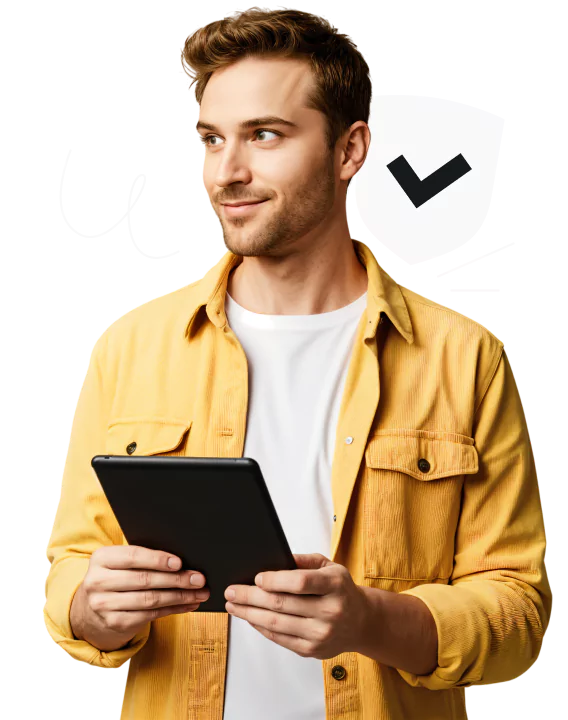 A smiling man in a yellow jacket holding a Kindle ereader, with a checkmarked shield icon and squiggles next to him.