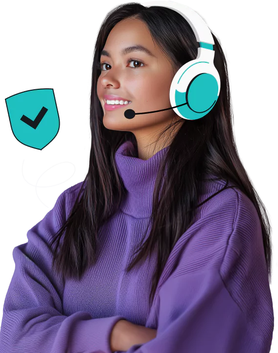 A smiling woman wearing a purple turtleneck sweater and teal and white headset standing next to a teal checkmarked shield.