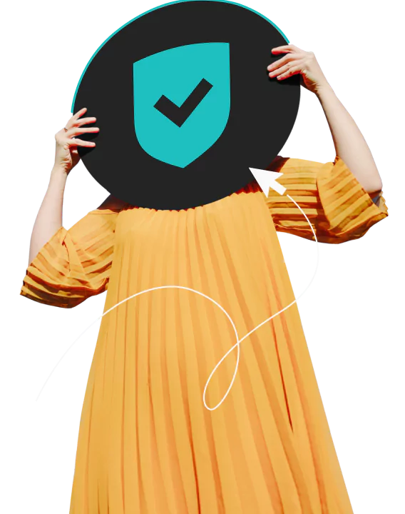 A person in a pleated yellow dress holding a large checkmarked shield over their face, with a squiggly arrow pointing to it.