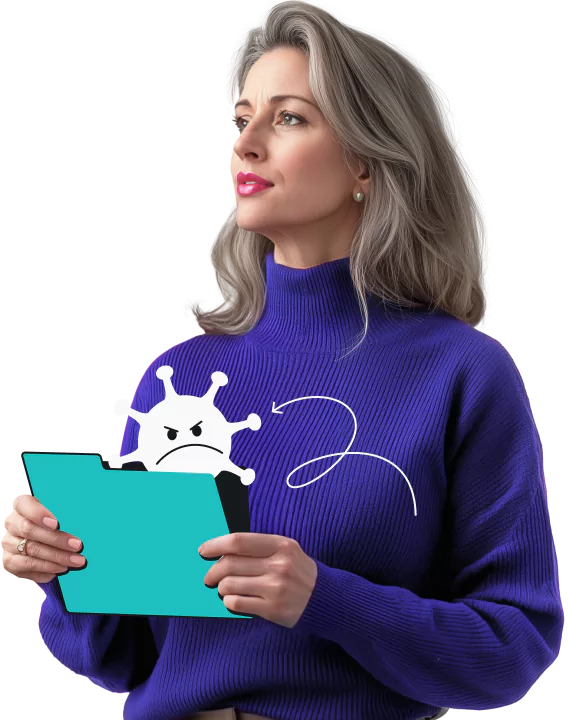 A woman in a bright purple sweater holding a folder with a frowning virus graphic behind it, highlighted by a squiggly arrow.