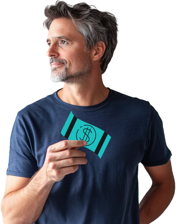 A man in a blue t shirt holding an illustrated turquoise dollar bill.