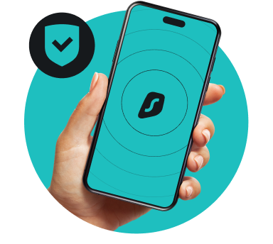 Hand holding a teal smartphone with the Surfshark logo and a shield with a checkmark nearby.
